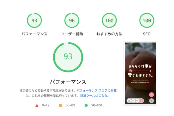 Googleスピードインサイトにて90以上のハイスコア